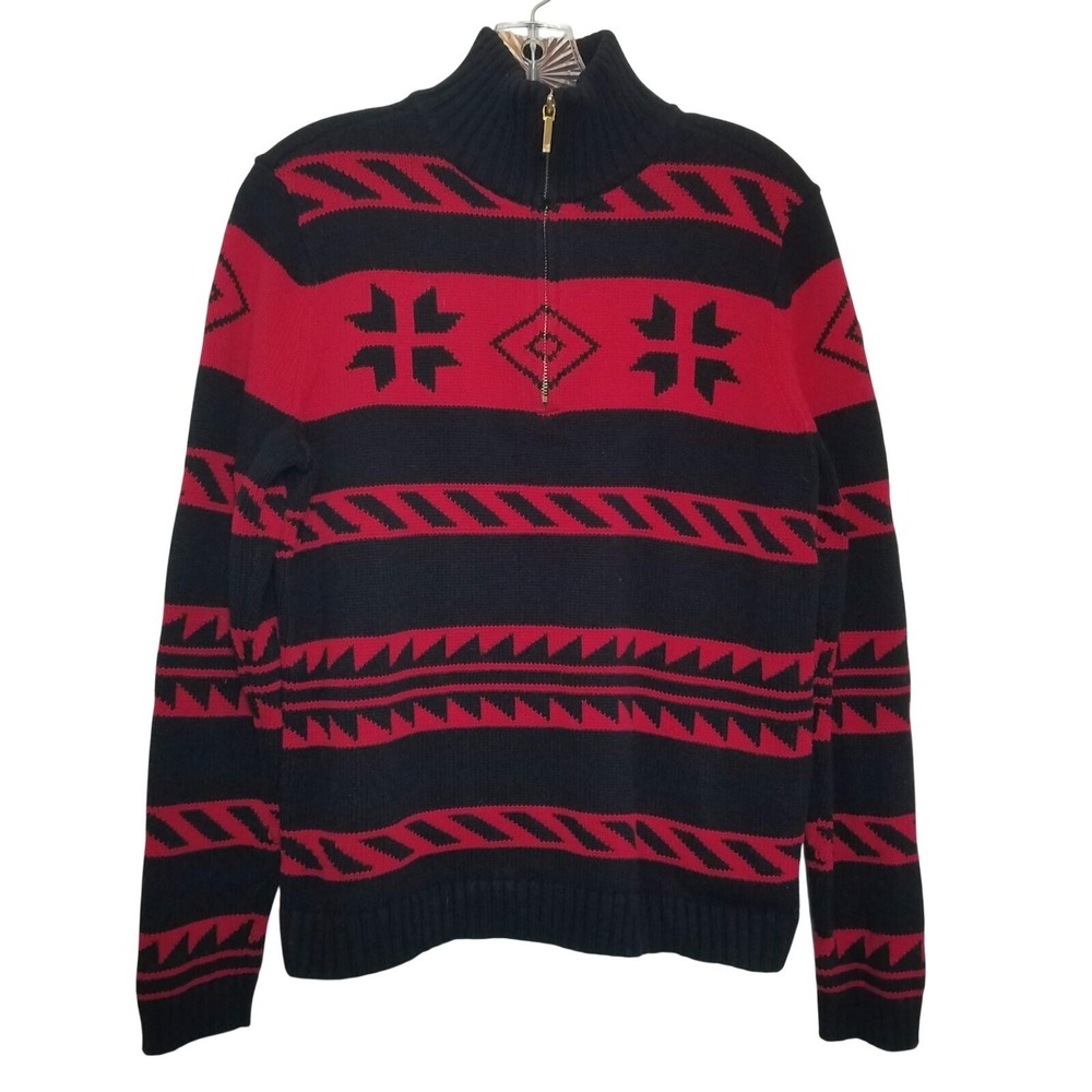 Chaps Red Black Fair Isle Quarter Zip Cotton Knit Sweater M Cabin Preppy Nordic